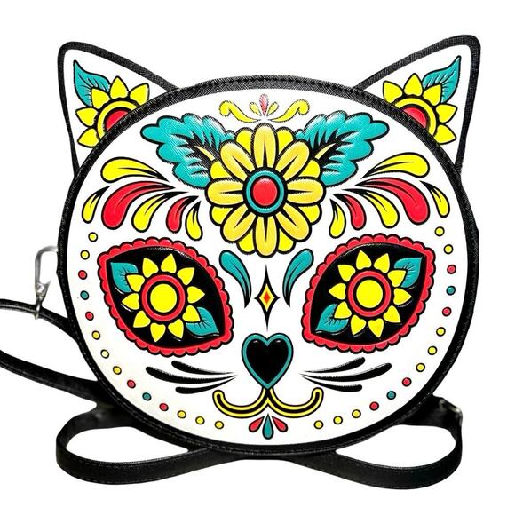 Mad Engine Sugar Skull Kitty Cat Crossbody Purse Black/ Multicolored - Picture 1 of 7